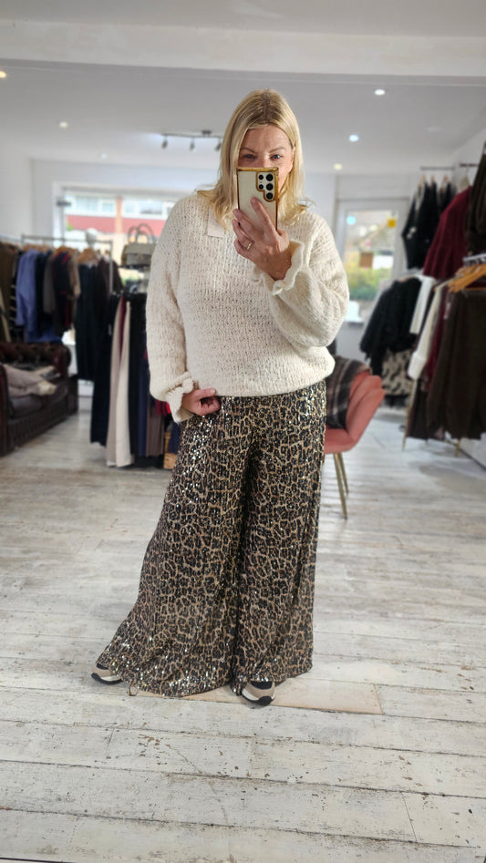 Gloria elasticated waist sequin trousers in leopard print