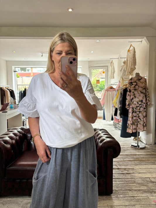 Eden ruffle sleeve cotton tee in white