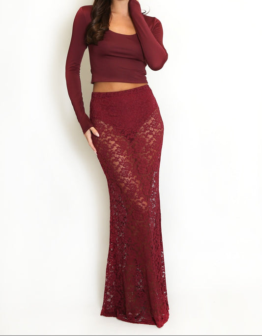 Maya Sheer Floral Lace Maxi Skirt in wine