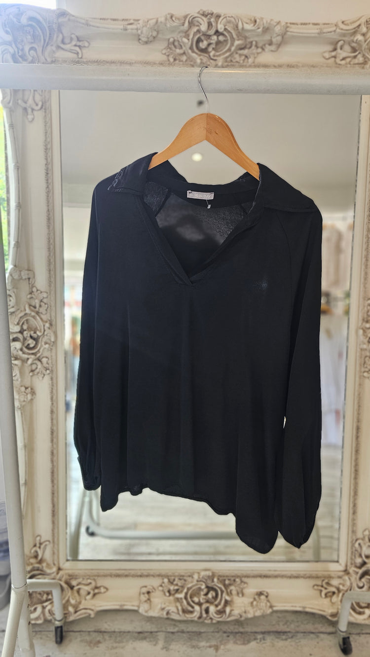 V NECK SATIN BLOUSE IN BLACK