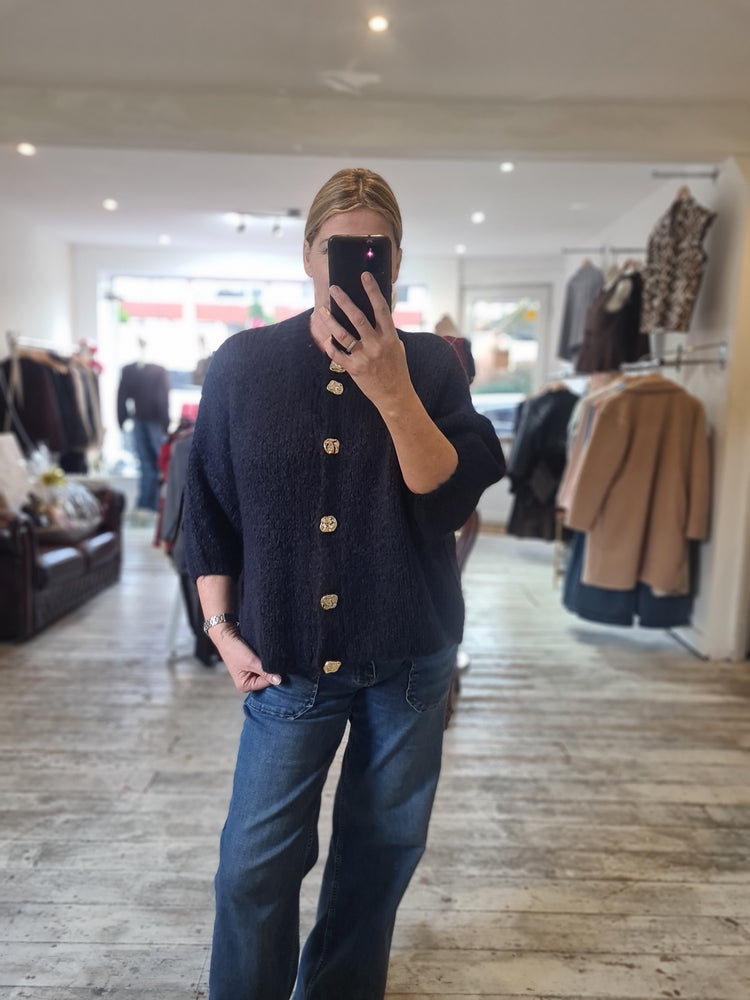 Minnie gold button detail cardigan in navy