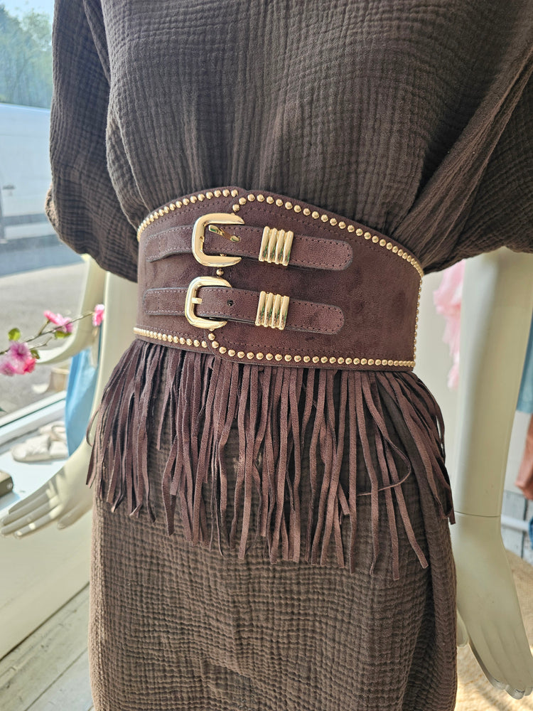 Jesses stud & tassel elasticated belt in chocolate