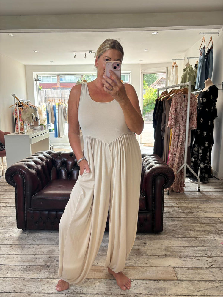 Cassie shaped waist harem jumpsuit in beige
