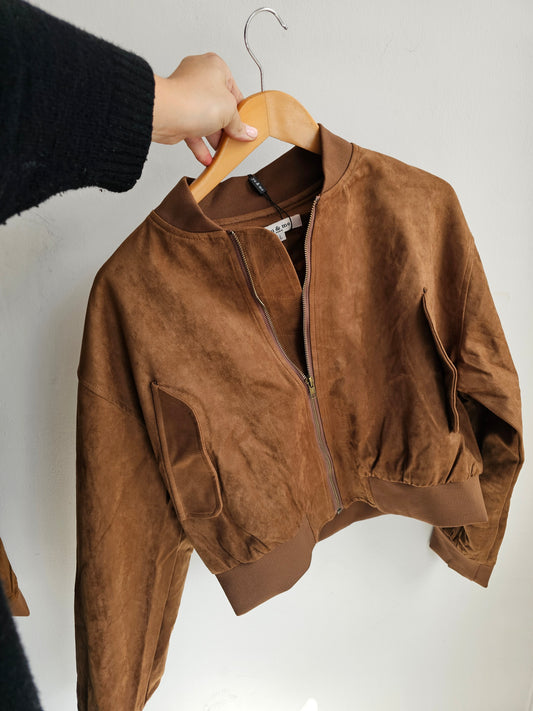 LIBERTY  FAUX Suede Cropped Bomber Jacket IN CAMEL
