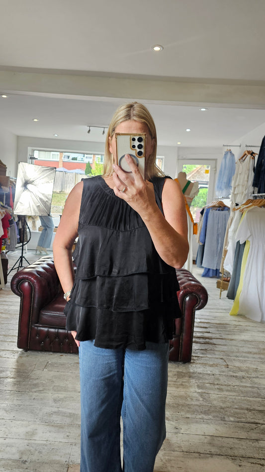 ADA FRILL SATIN BLEND TOP IN BLACK