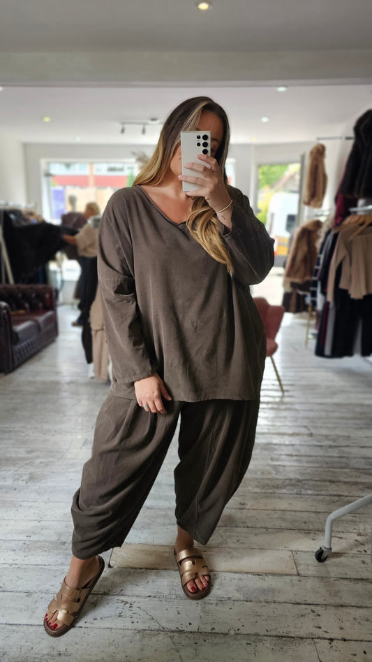 Monica corduroy hareem set in dark mocha