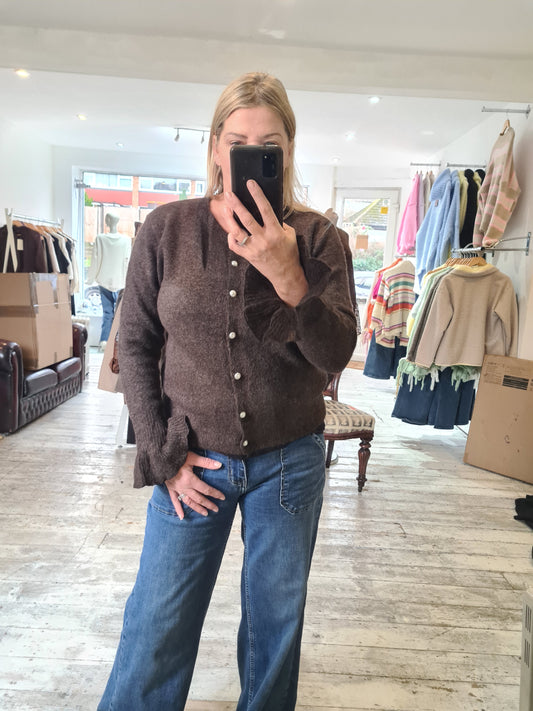 Belle pearl button frill sleeve cardigan in chocolate