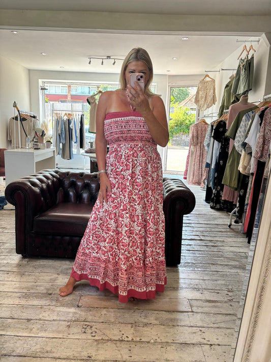 FLEUR FLORAL PRINT SHIRRED BUST BARDOT DRESS