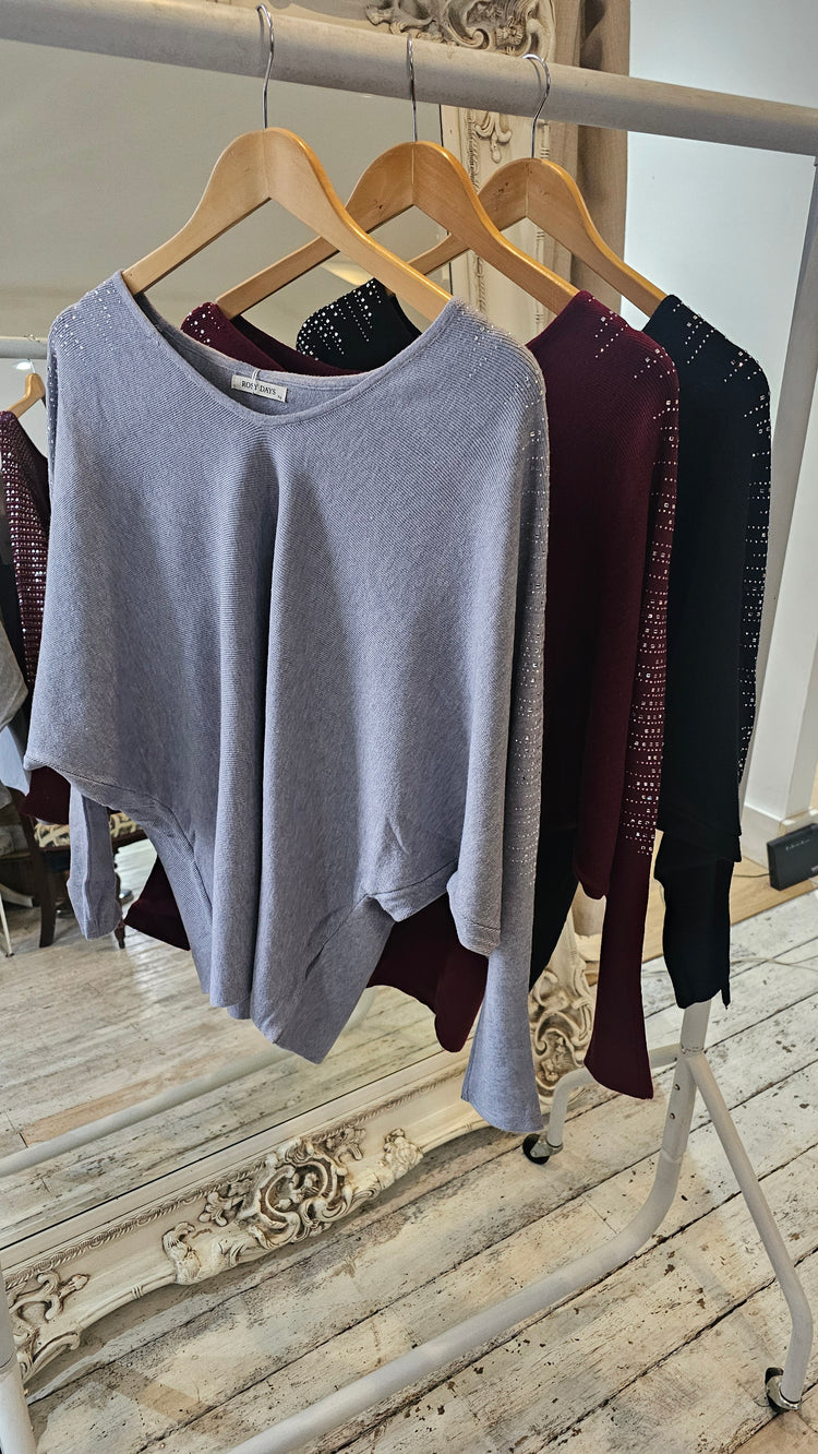 Ivy Diamante studded V neck batwing jumper in grey