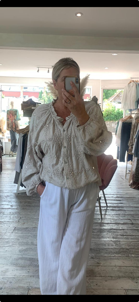 Tia Broderie & sequin detail blouse in beige