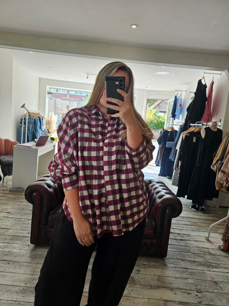 Blakely Check Boyfriend Shirt in Plum