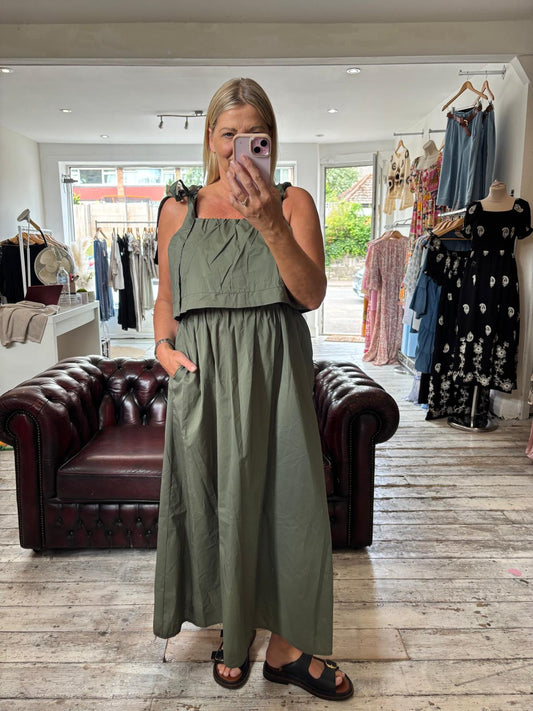 Cotton khaki tie strap tiered dress