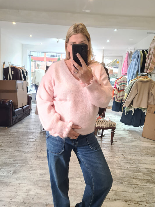 Halle heart sleeve frill detail soft knit in baby pink