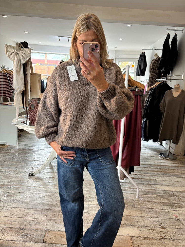 Frankie half zip balloon sleeve knitted jumper in Mocha