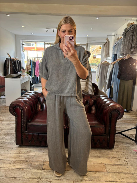 Piper Linen Blend Collared top in Slate Grey