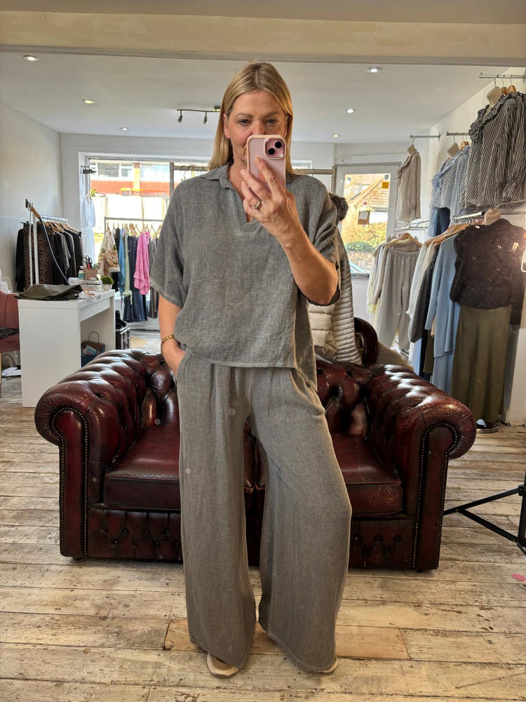 Piper Linen Blend Collared top in Slate Grey