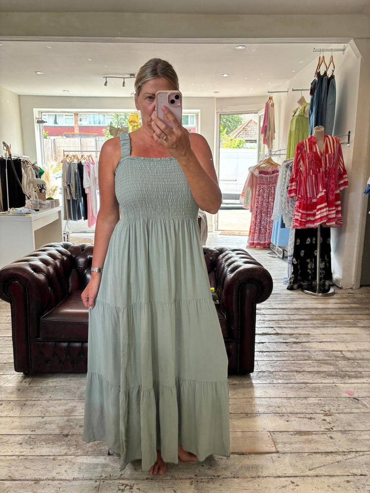 LEAH SHIRRED CHEST MAXI DRESS IN KHAKI