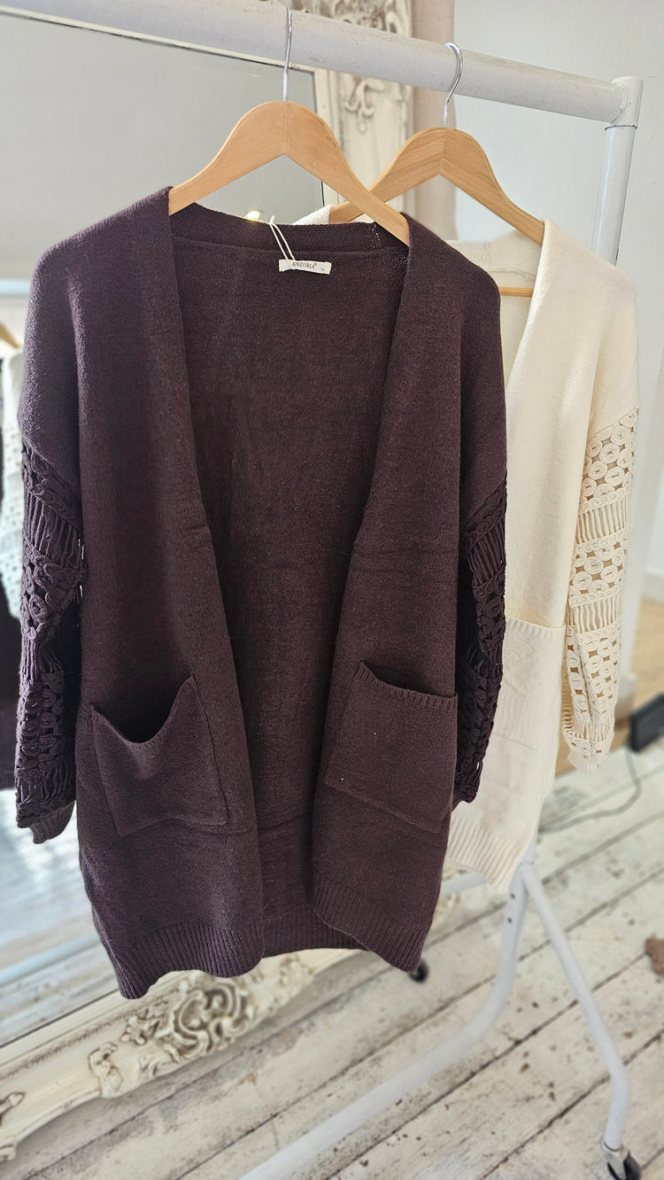 Nadia crochet sleeve cardigan in chocolate