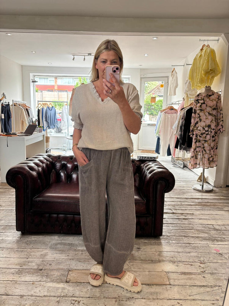 OLIVE LINEN BLEND FRONT POCKET TROUSER IN TRUFFLE