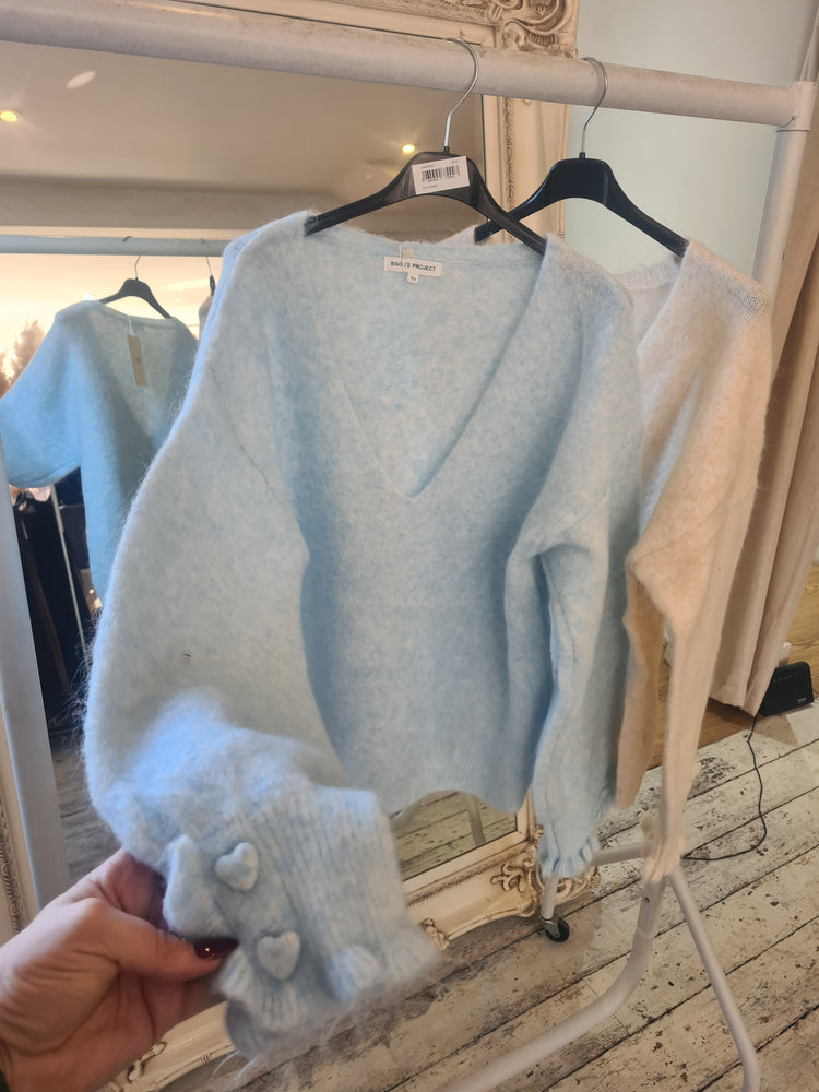 Halle heart sleeve frill detail soft knit in powder blue