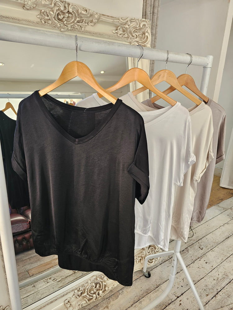 Sadie Satin Style V Neck Top in black