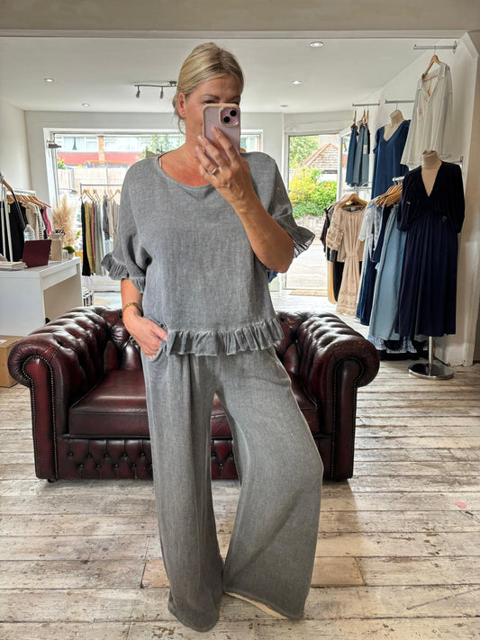 Libby linen ruffle top in grey