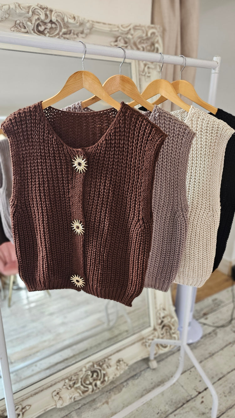 Sofia Brooch detailed knitted waistcoat in Chocolate