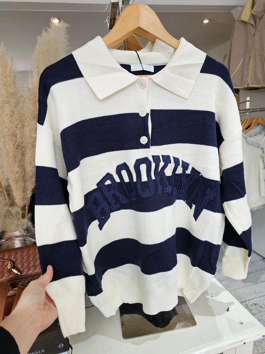 Brooklyn Stripe Light Knit Jumper in Navy