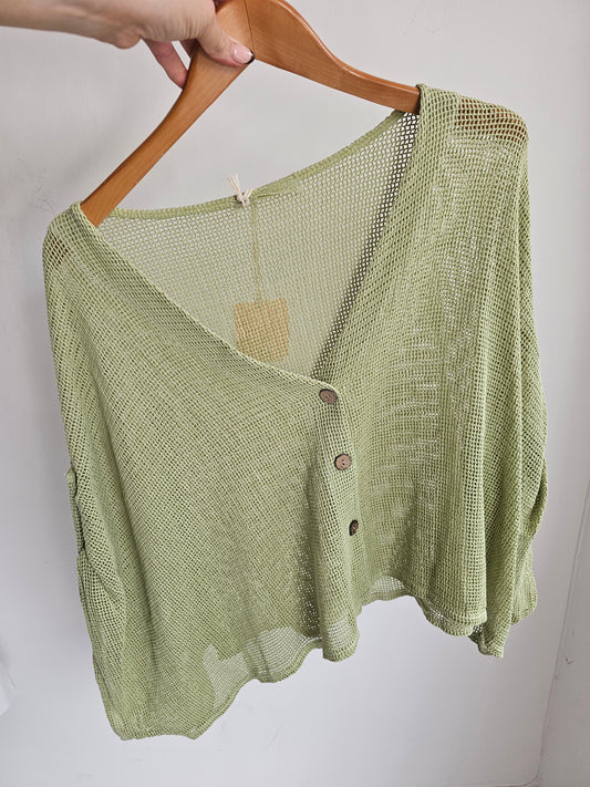 SOPHIA LINEN BLEND MESH BUTTON UP CARDIGAN IN PISTACHIO