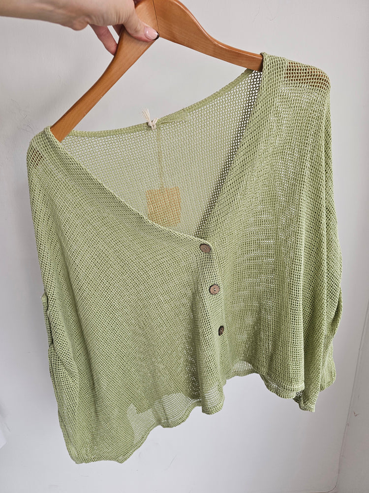 SOPHIA LINEN BLEND MESH BUTTON UP CARDIGAN IN PISTACHIO