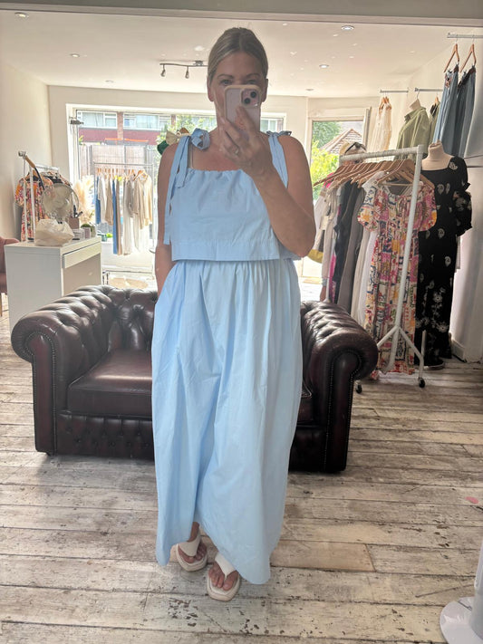 Cotton blue tie strap tiered dress