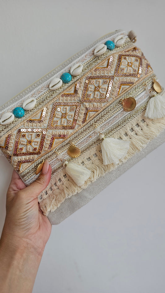 Turquoise Bead Embellished Tassel Clutch Bag