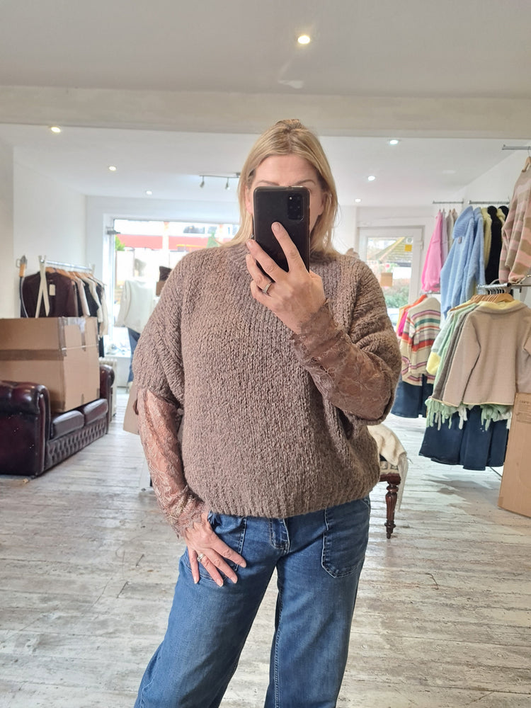 Rita Lace Sleeve knitted jumper in mocha