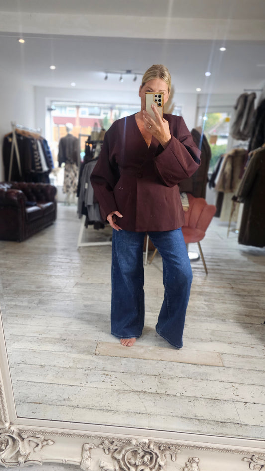 Vivienne Collarless Double Button Blazer in Wine