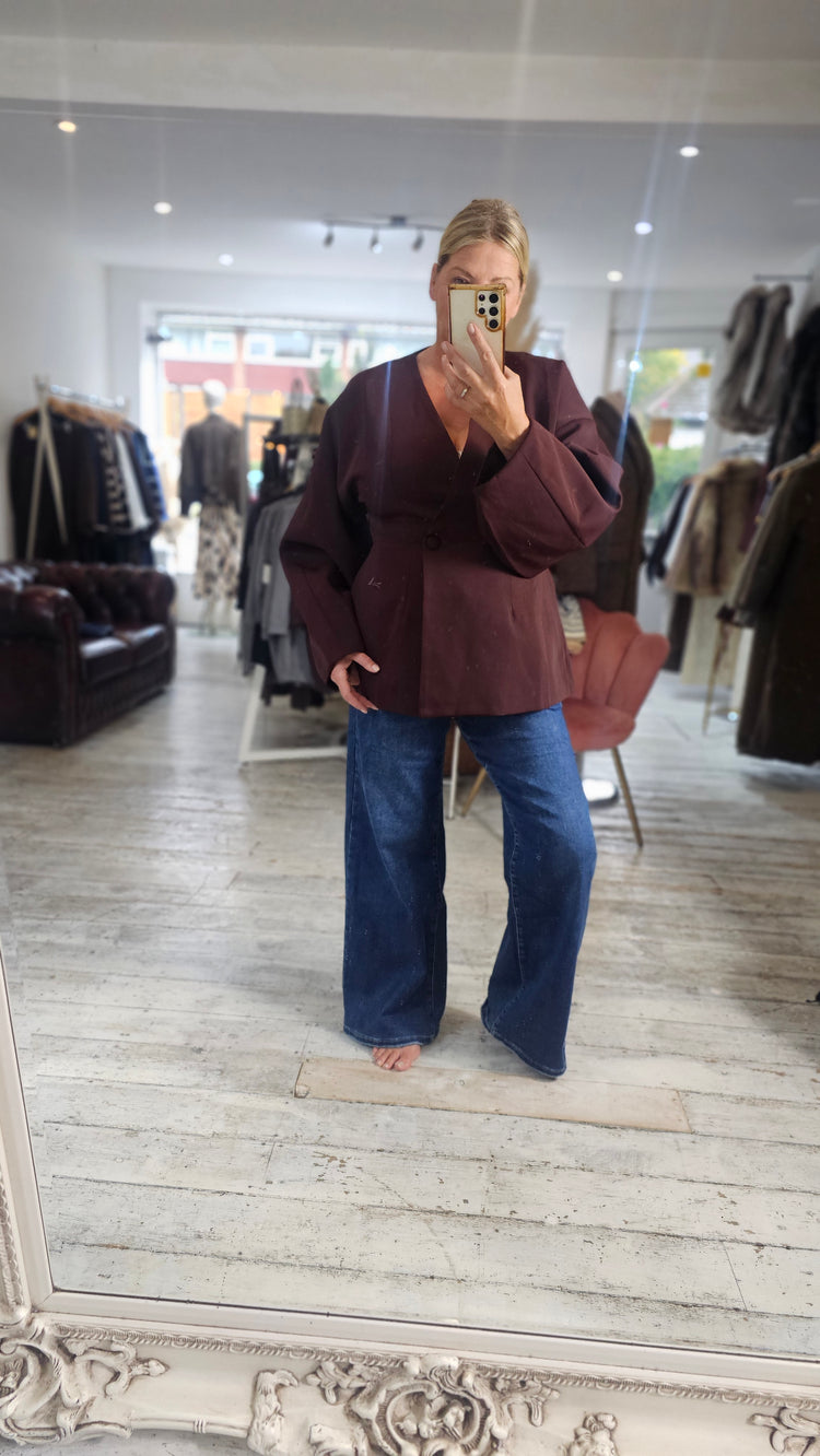 Vivienne Collarless Double Button Blazer in Wine
