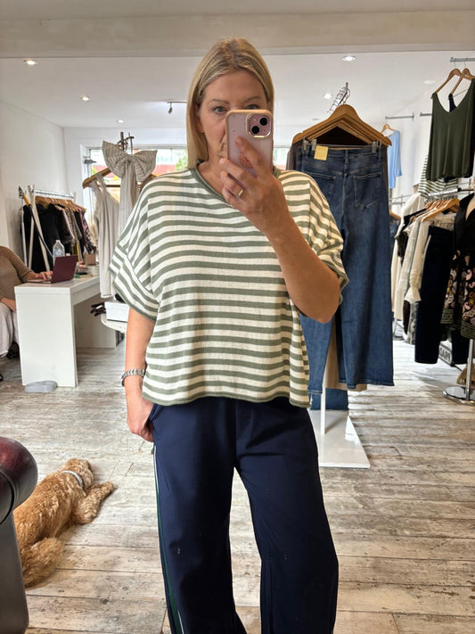 Demi Cotton Knitted Cropped Stripe Tee in khaki