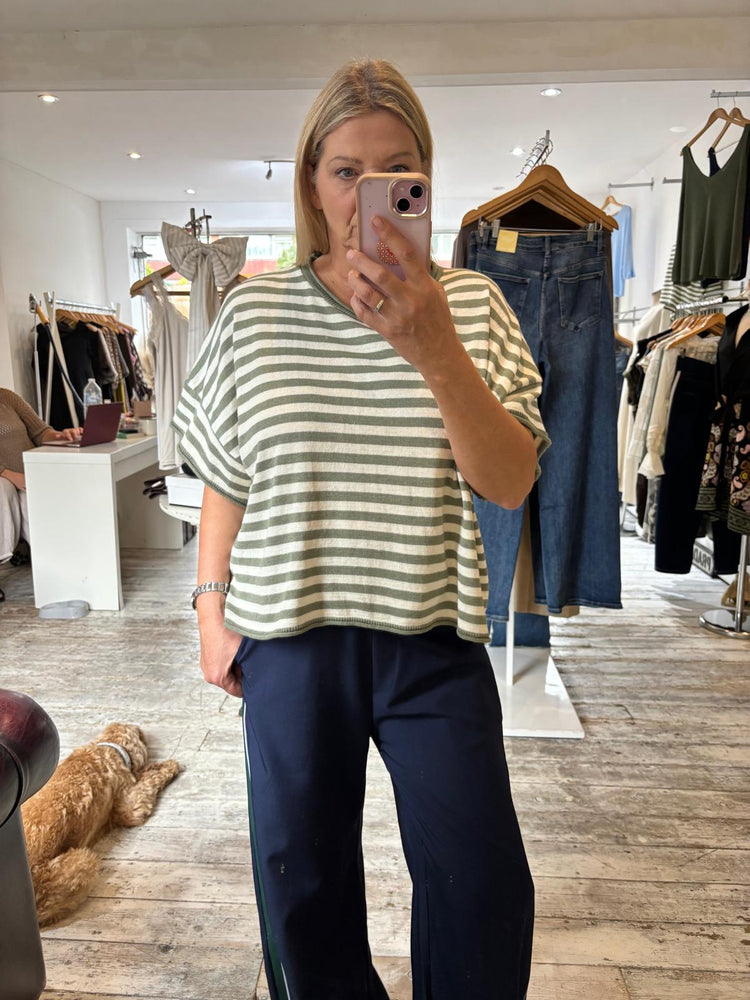 Demi Cotton Knitted Cropped Stripe Tee in khaki