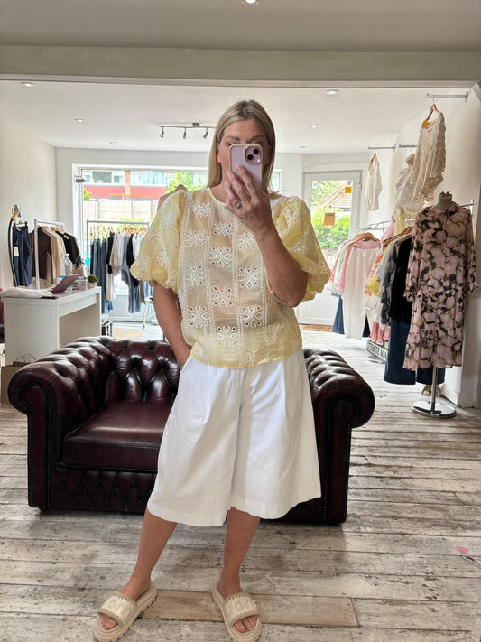 Marnie puff sleeve embroidery blouse in soft lemon