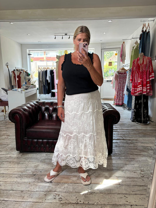Bella embroidered lace midi skirt in white