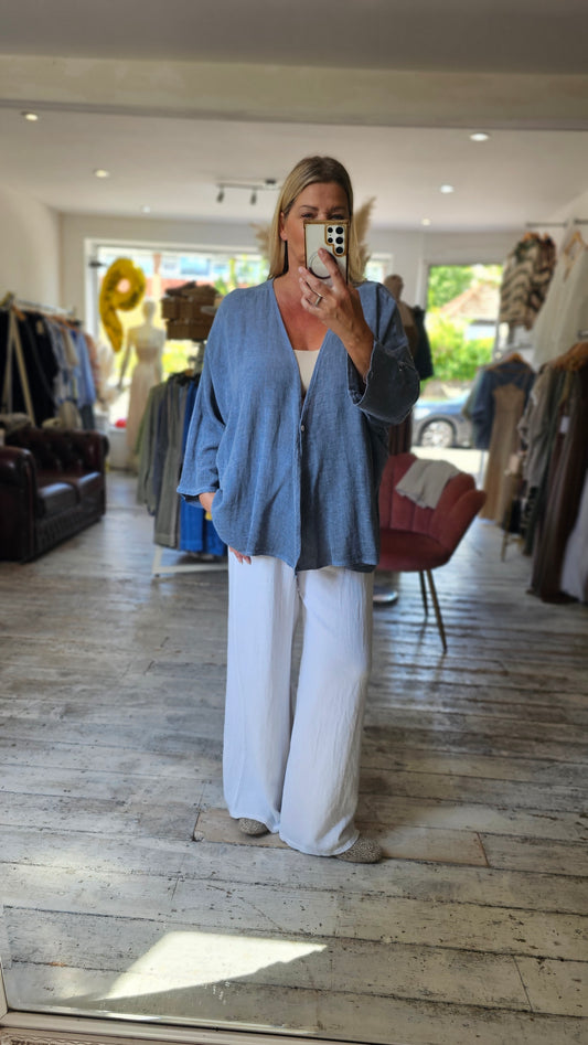 ISLA V NECK LINEN BLEND TOP IN DENIM BLUE