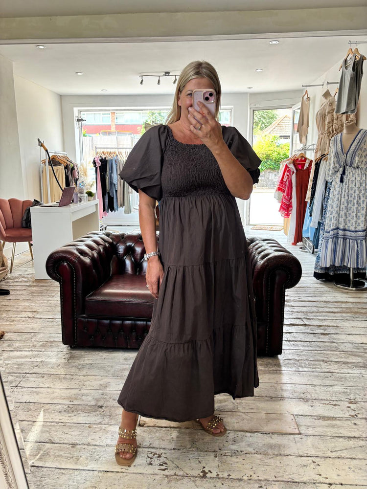 Celine shirred puffball sleeve cotton dress in chocolate