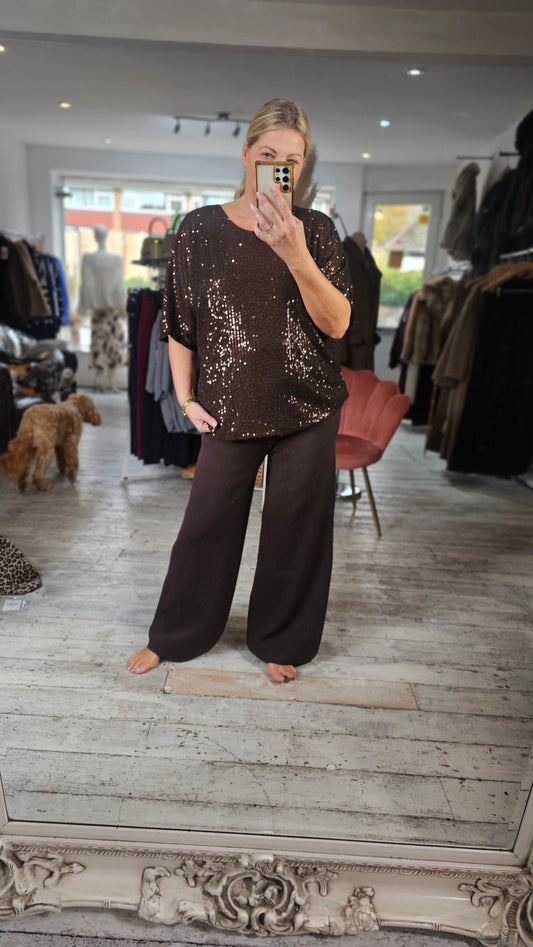 Caroline round neck sequin top in chocolate