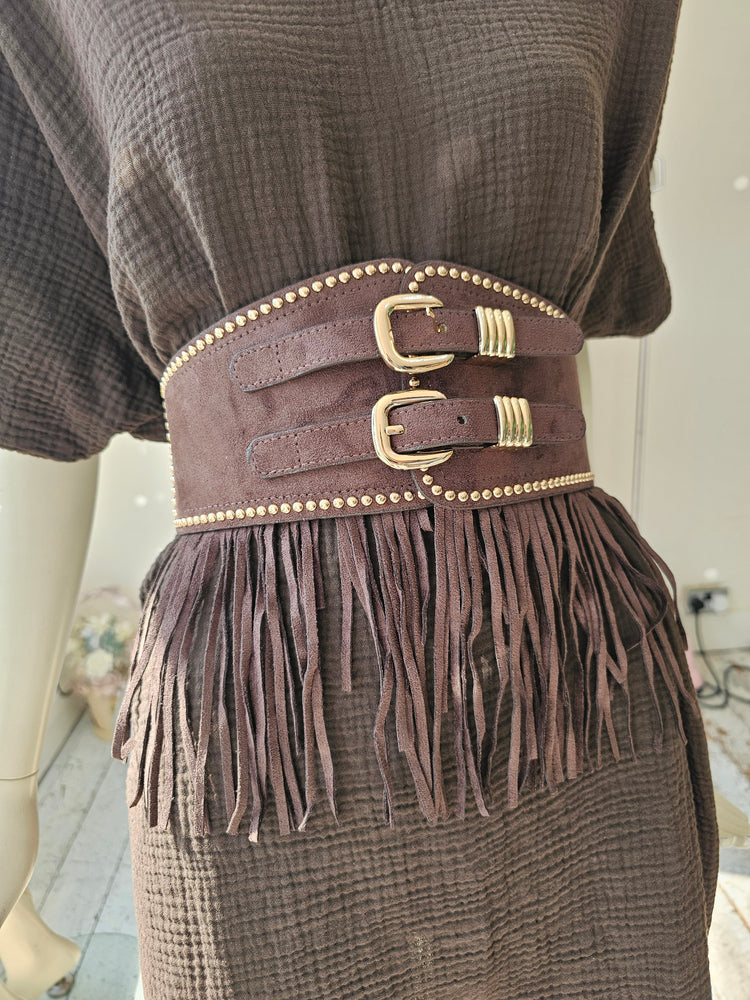 Jesses stud & tassel elasticated belt in chocolate