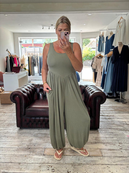 CASSIE SHAPED WAIST HAREM JUMPSUIT IN KHAKI