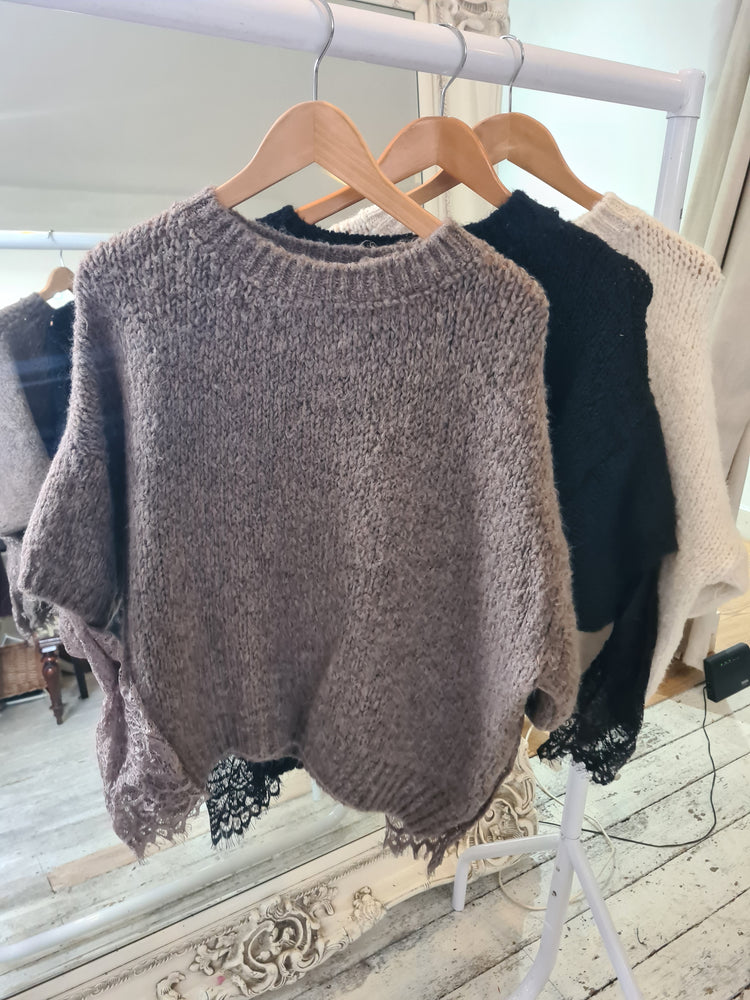 Rita Lace Sleeve knitted jumper in mocha