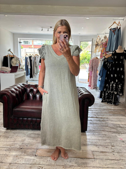 Taylor linen blend frill sleeve midi dress in khaki