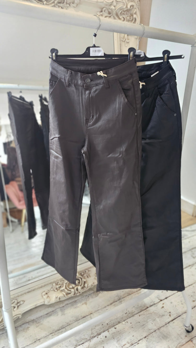 Kate leather look flare trousers in chocolate