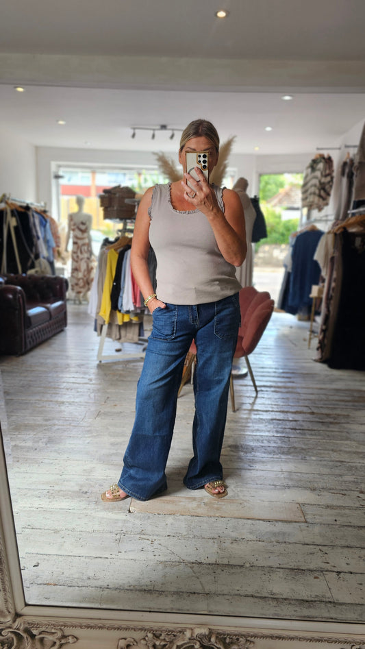 Stretchy wide leg pocket detail jeans in dark blue