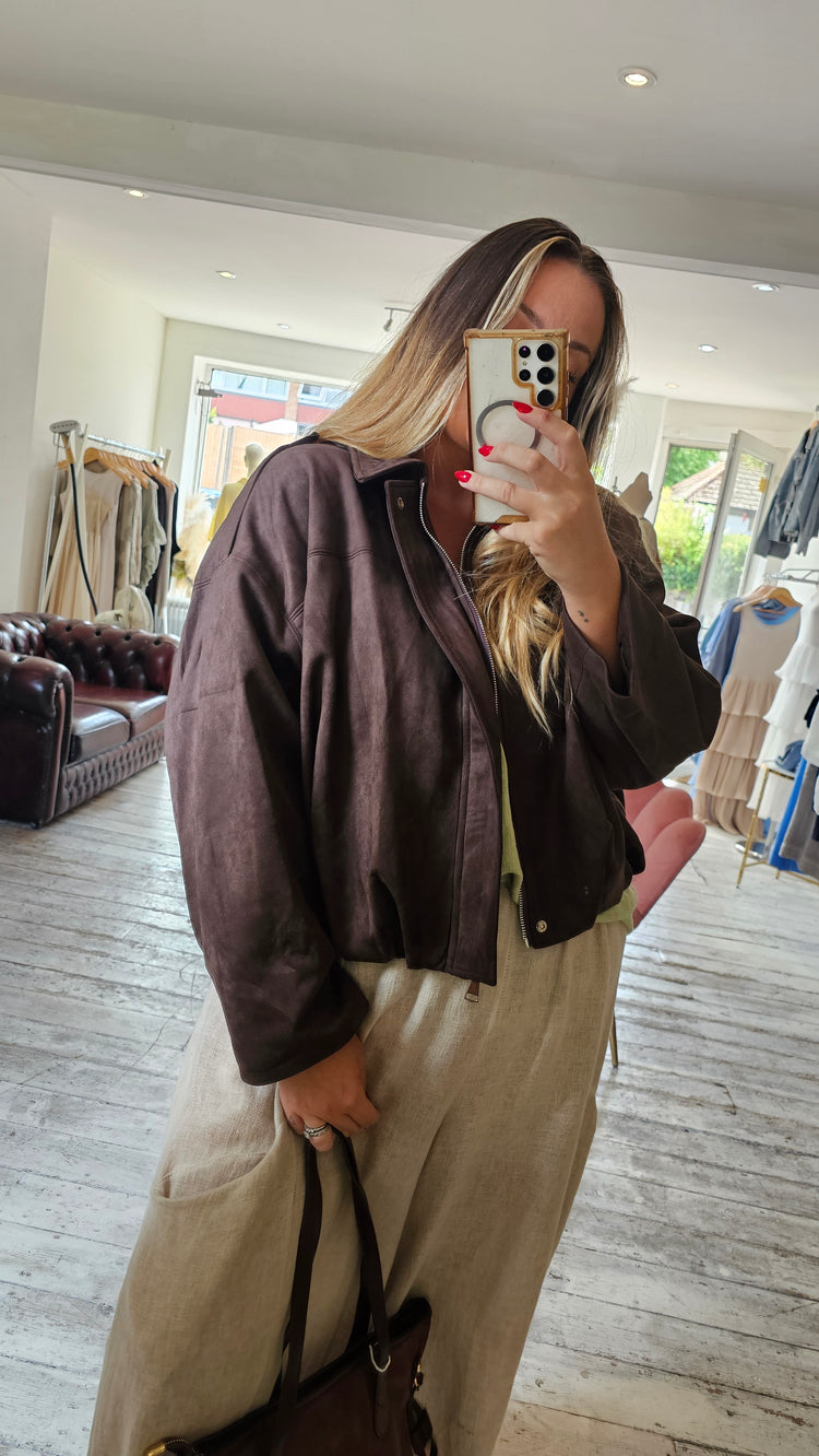 Brooke Suede effect oversized bomber jacket in espresso