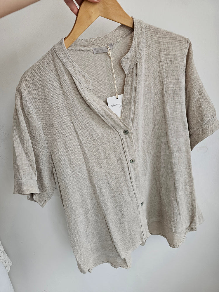 Thalia Linen Blend V Neck Top in Beige